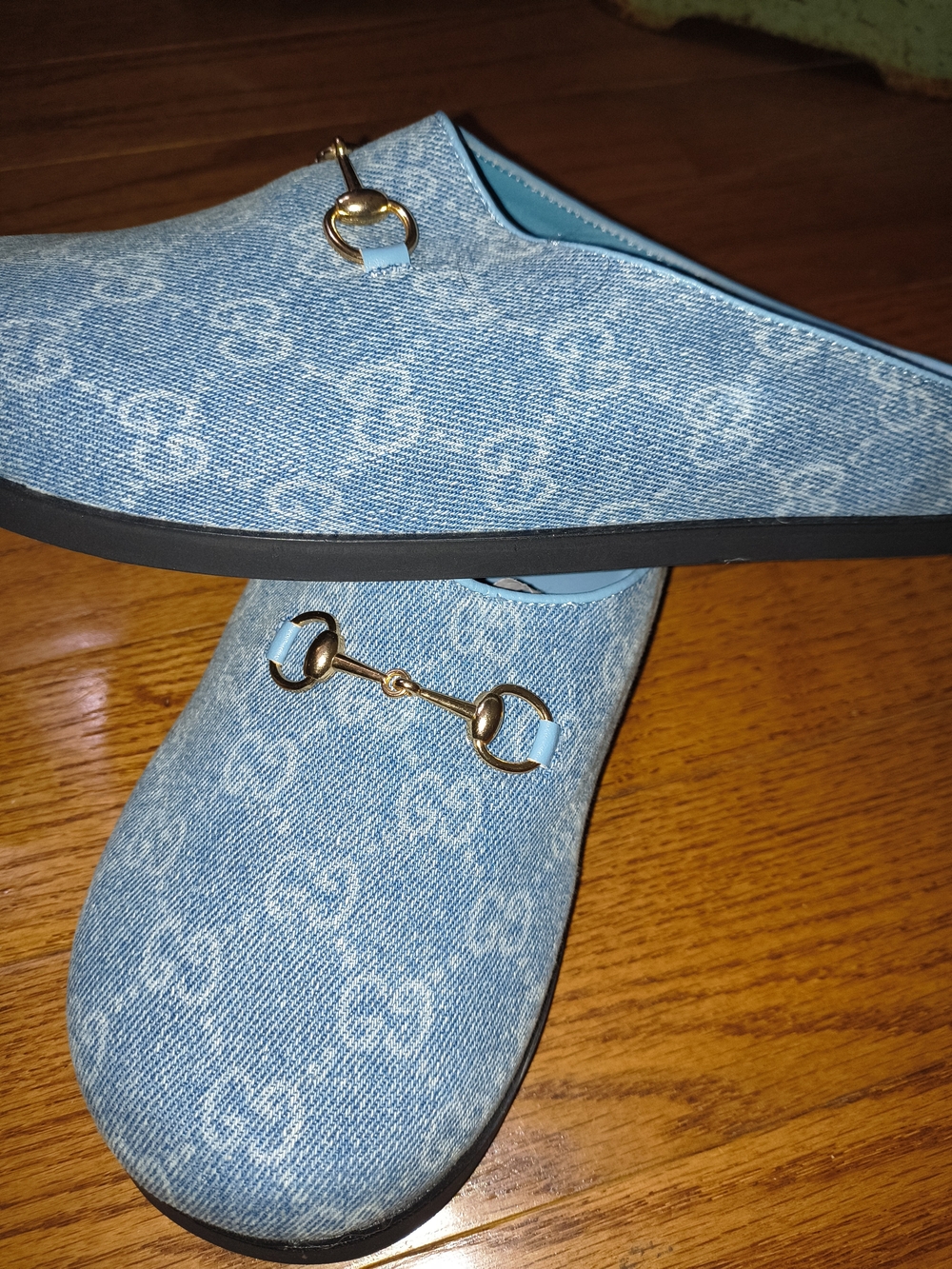 Source Unknown Light Blue Denim Slip-On Mules with Gold Bit